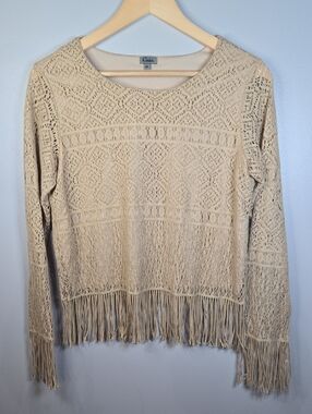 Y2K Caia Size Medium Boho Retro Cream Crochet Fringe Cropped Top